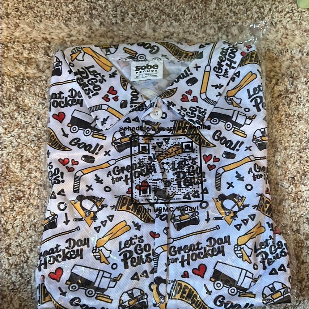 Men's Casual Penguins 🐧 Button Down Shirt - White with Black and Gold Print